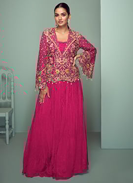 Pink Chinon Embroidered Indowestern Skirt Set