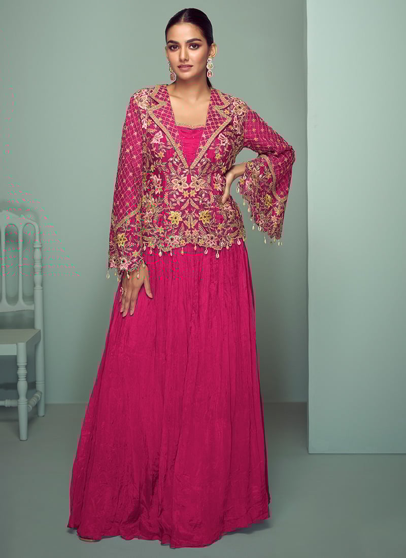 Pink Chinon Embroidered Indowestern Skirt Set Wedding Wear