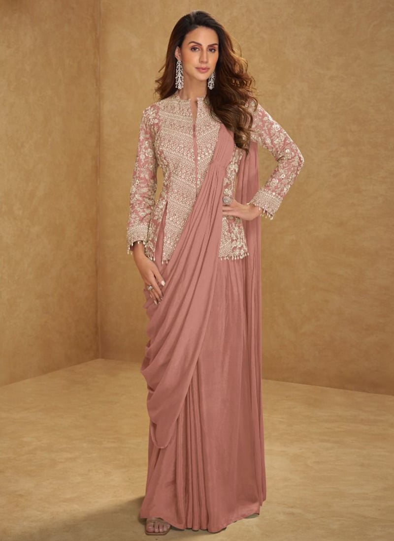 Pink Chinon Embroidered Mirror Work Sequins Hand Work Saree Wedding Wear