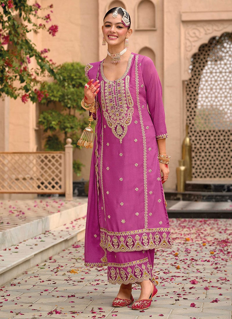 Pink Chinon Embroidered Mirror Work Sequins Pakistani Palazzo Suit Festive Wear