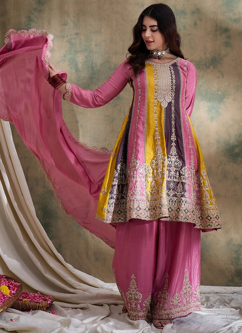 Pink Chinon Embroidered Pakistani Palazzo Suit Festive Wear
