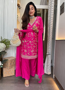 Pink Chinon Embroidered Palazzo Suit