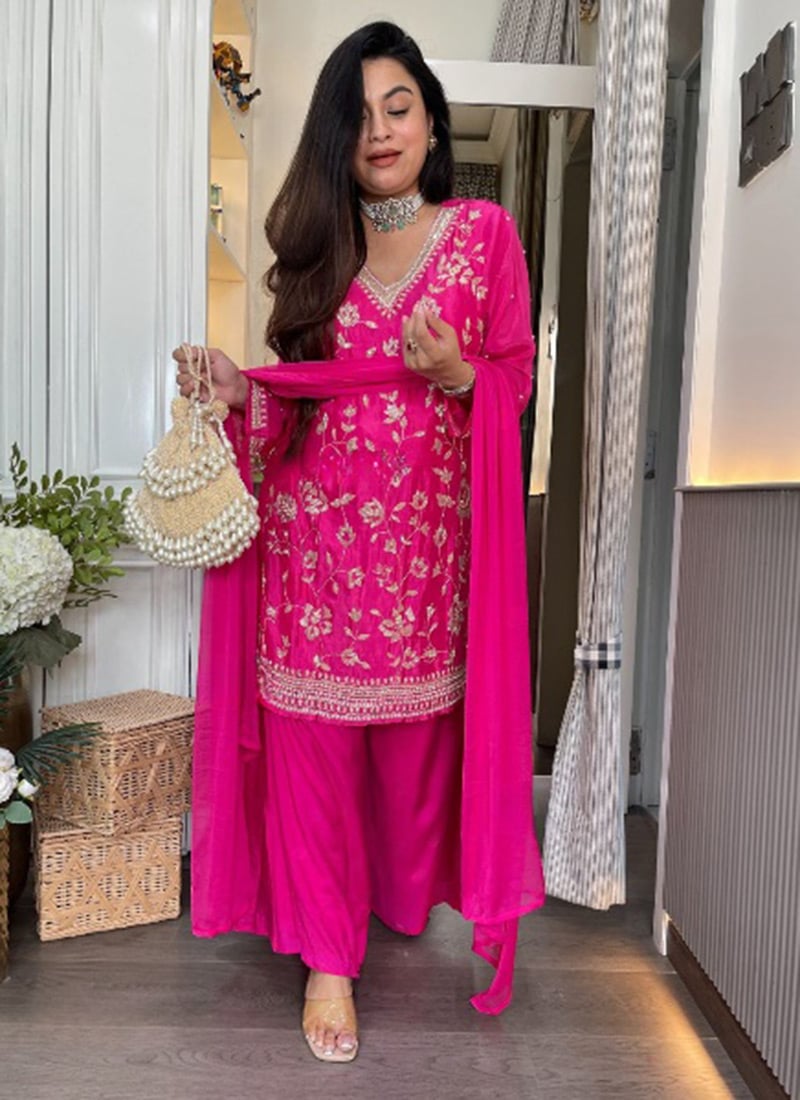Pink Chinon Embroidered Palazzo Suit Festive Wear