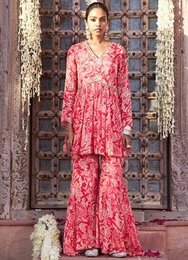 Pink Chinon Embroidered Printed Sharara Suit