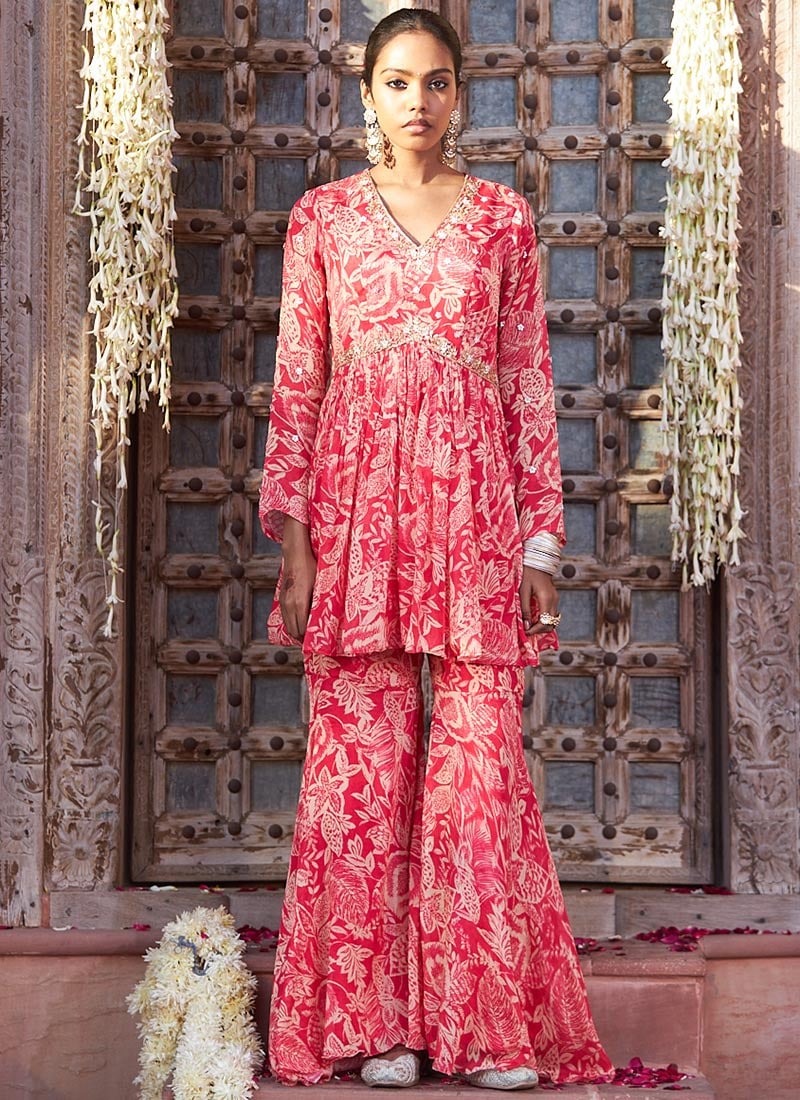 Pink Chinon Embroidered Printed Sharara Suit Festive Wear