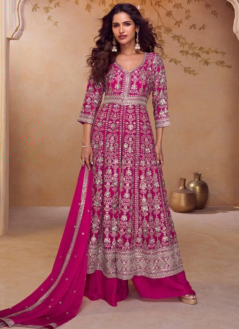 Pink Chinon Embroidered Sequin High Slit Anarkali Suit Wedding Wear