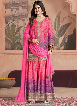 Pink Chinon Embroidered Sequins Bandhini Print Palazzo Suit