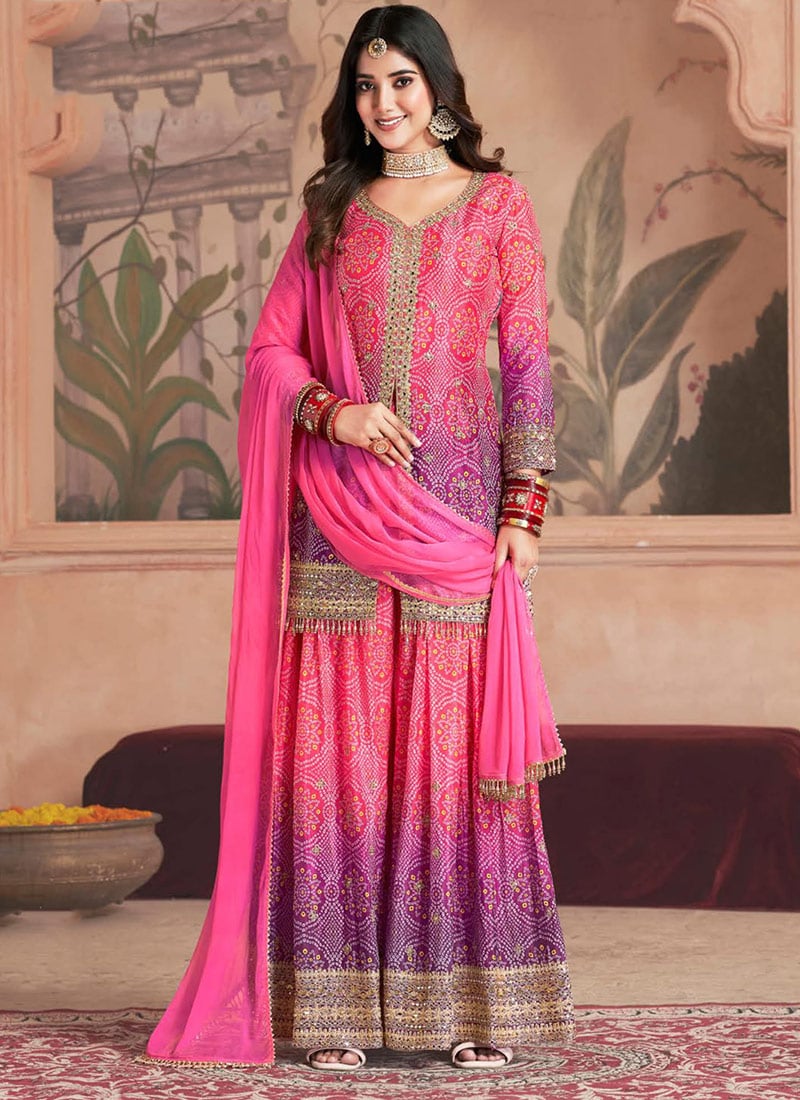 Pink Chinon Embroidered Sequins Bandhini Print Palazzo Suit Festive Wear