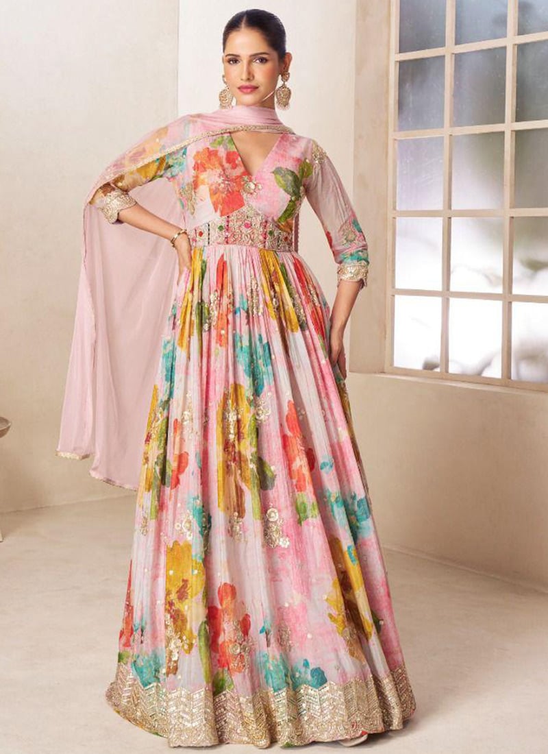 Pink Chinon Embroidered Sequins Digital Print Anarkali Suit Festive Wear