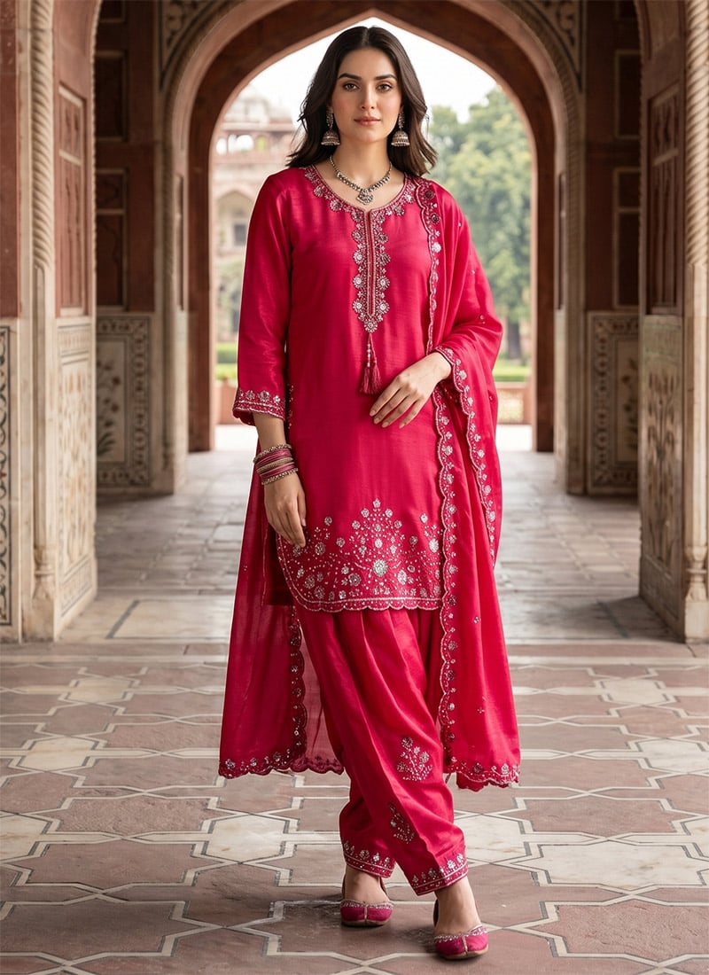 Pink Chinon Embroidered Sequins Farshi Suit Festive Wear