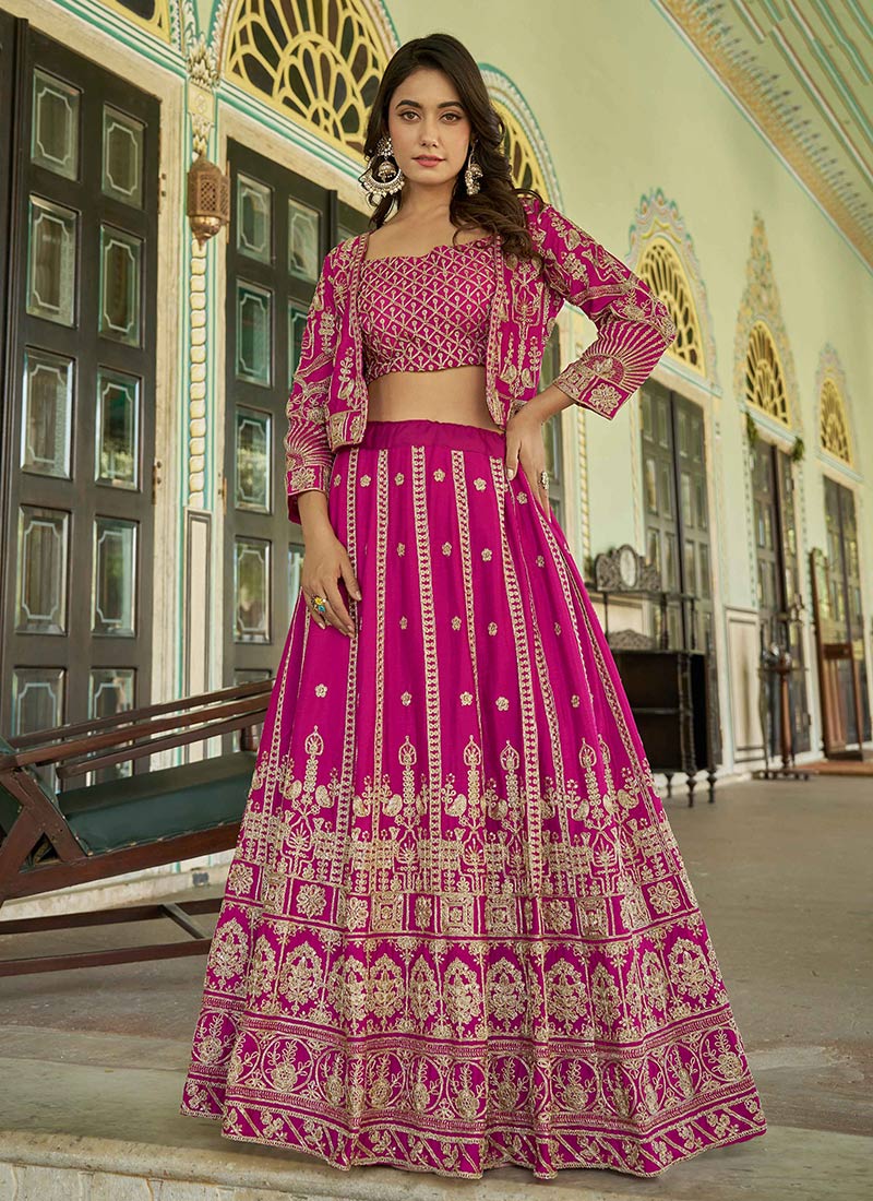 Pink Chinon Embroidered Sequins Jacket Lehenga Wedding Wear