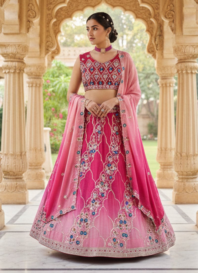 Pink Chinon Embroidered Sequins Lehenga Wedding Wear