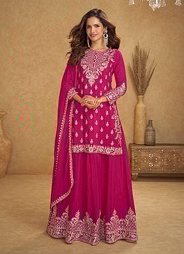 Pink Chinon Embroidered Sequins Mirror Work Beads Palazzo Suit