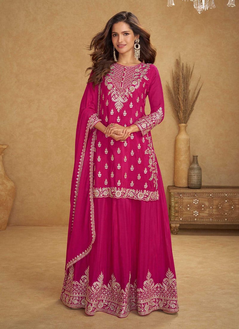 Pink Chinon Embroidered Sequins Mirror Work Beads Palazzo Suit Festive Wear
