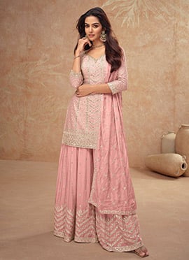 Pink Chinon Embroidered Sequins Pakistani Palazzo Suit