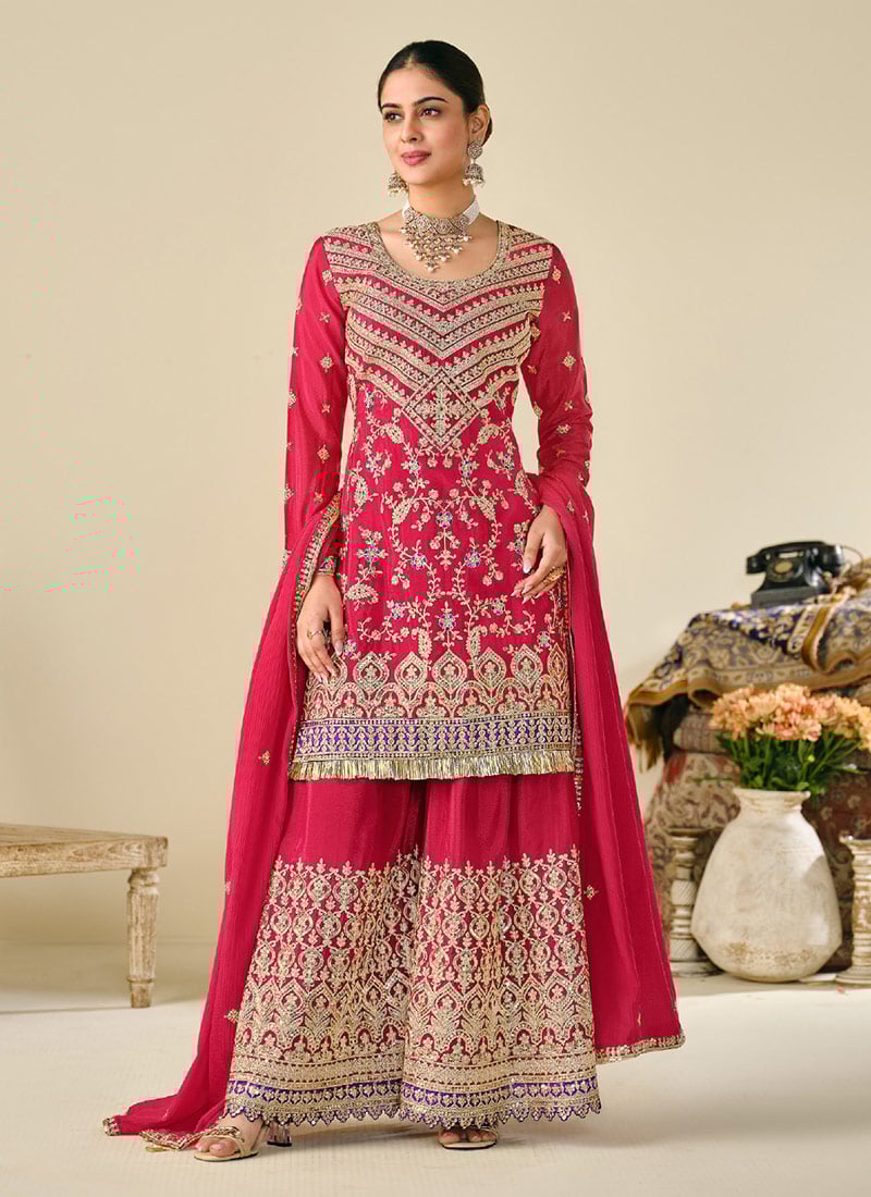 Pink Chinon Embroidered Sequins Pakistani Palazzo Suit Festive Wear