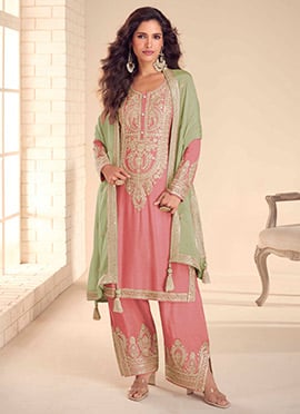 Pink Chinon Embroidered Sequins Pakistani Straight Pant Suit