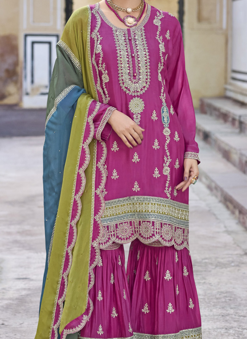 Pink Chinon Silk Sharara Suit For Indian & Pakistani Wedding Festival - Thread & Sequence Embroidery main image 1
