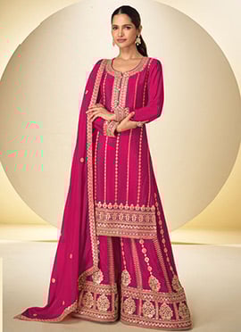 Pink Chinon Embroidered Sequins Palazzo Suit