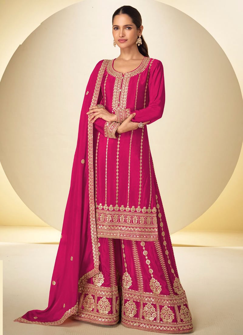 Pink Chinon Embroidered Sequins Palazzo Suit Festive Wear