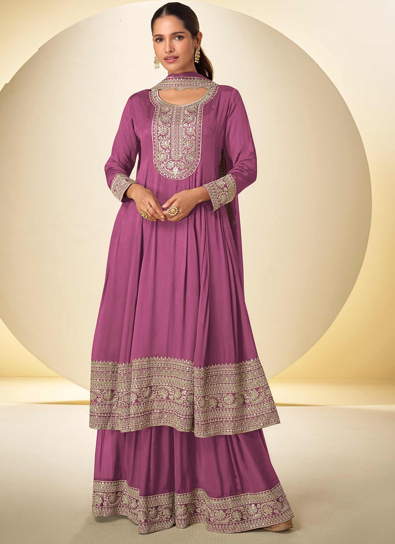 Pink Chinon Embroidered Sequins Palazzo Suit Festive Wear