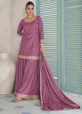 Pink Chinon Embroidered Sequins Palazzo Suit