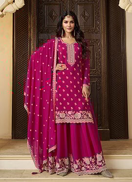 Pink Chinon Embroidered Sequins Palazzo Suit