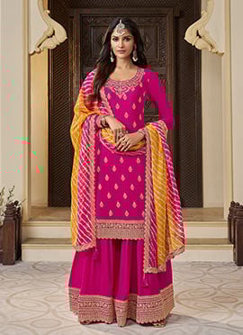 Pink Chinon Embroidered Sequins Palazzo Suit