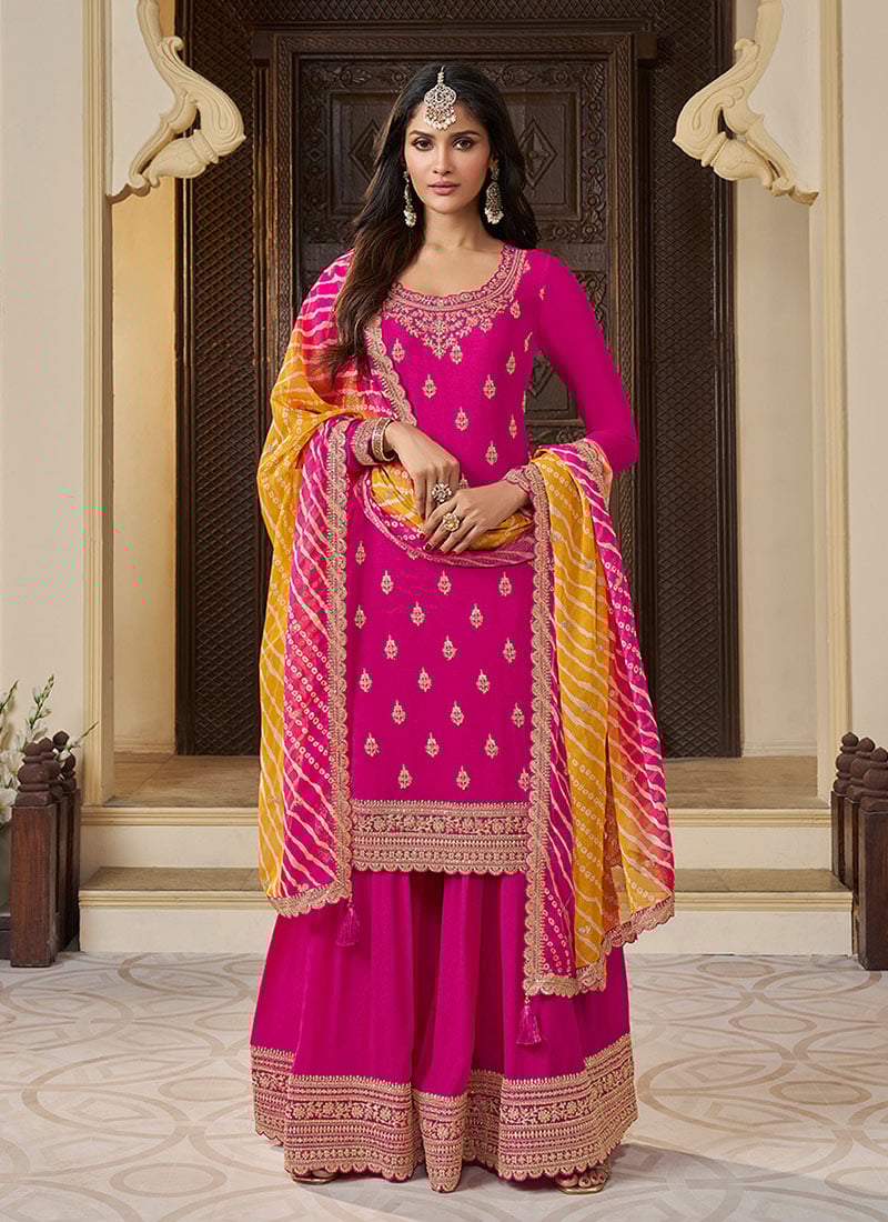 Pink Chinon Embroidered Sequins Palazzo Suit Festive Wear