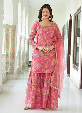 Pink Chinon Embroidered Sequins Printed Sharara Suit