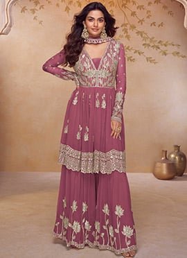 Pink Chinon Embroidered Sequins Short Anarkali Kurta Palazzo Suit