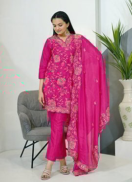 Pink Chinon Embroidered Sequins Straight Pant Suit