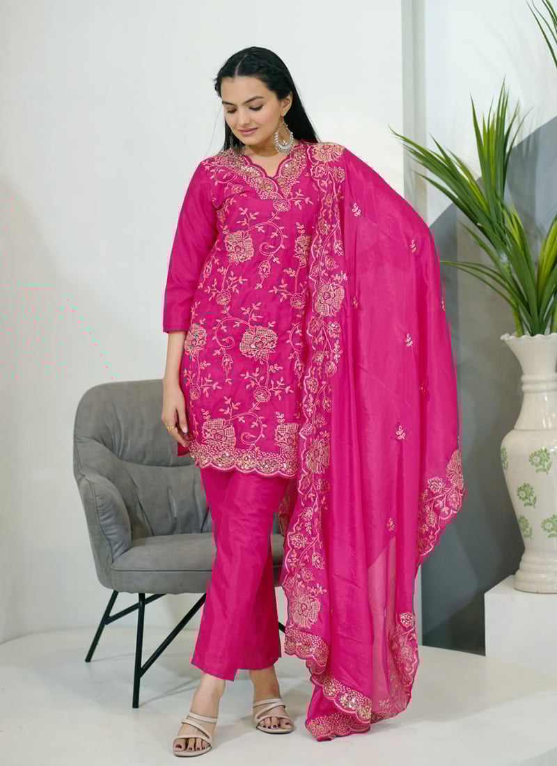 Pink Chinon Embroidered Sequins Straight Pant Suit Festive Wear