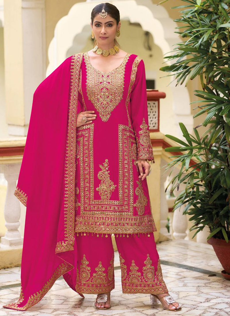 Pink Chinon Embroidered Sequins Stunning Pakistani Palazzo Suit Wedding Wear-SLSCC54521003