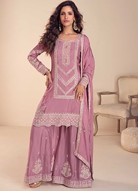 Pink Chinon Embroidered Sequins With Beads Work Pakistani Palazzo Suit