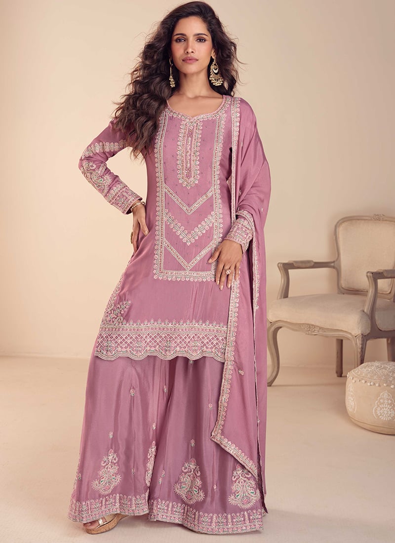 Pink Chinon Embroidered Sequins With Beads Work Pakistani Palazzo Suit Festive Wear