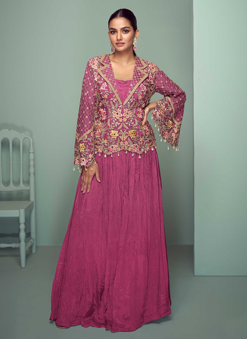 Pink Chinon Embroidered Sequins With Stone And Mirror Work Indowestern Skirt Set Wedding Wear