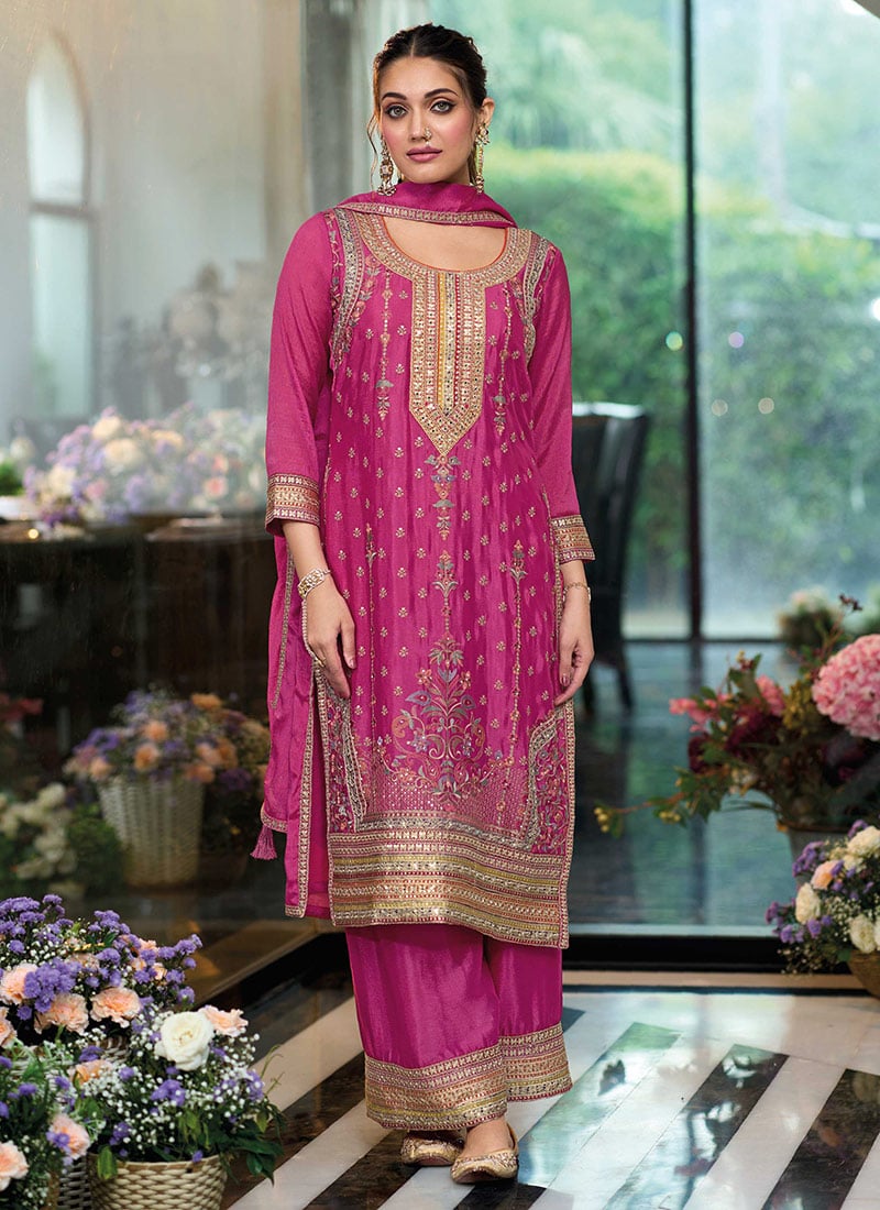 Pink Chinon Embroidered Sequins With Stone Work Palazzo Suit Festive Wear