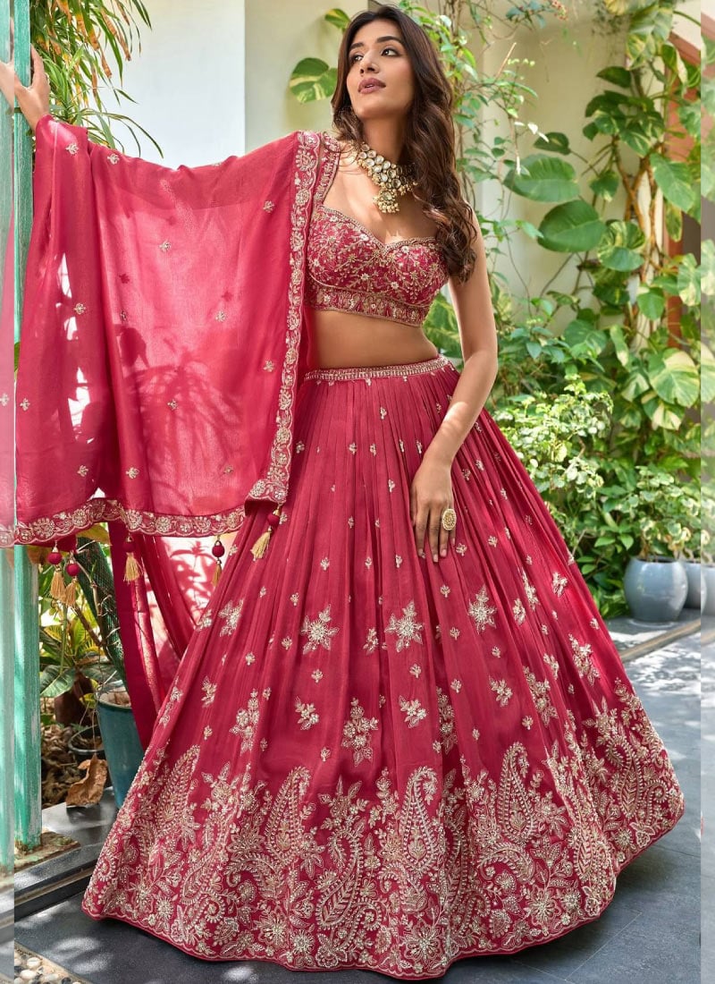 Pink Chinon Embroidered Sequins Zari Lehenga Wedding Wear