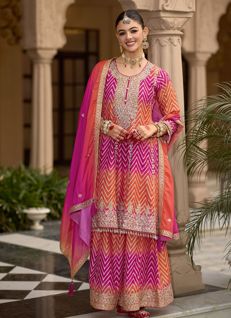Pink Chinon Embroidered Stones Sequins Palazzo Suit Festive Wear