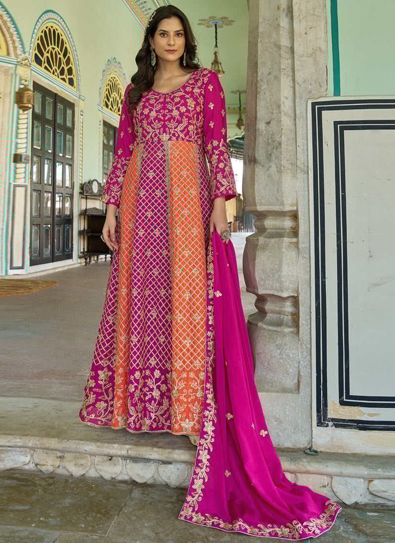 Pink Chinon Embroidered With Stone Work A Line Anarkali Suit Festive Wear