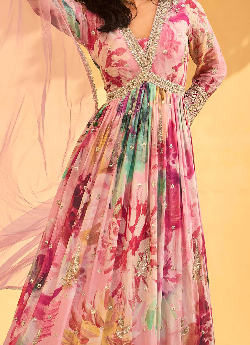 Women Orange Chinon Silk Embroidered Designer Anarkali Suit main image 1