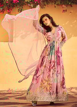 Pink Chinon Empire Waist Anarkali Suit With Zardosi Beads Embroidered Sequins