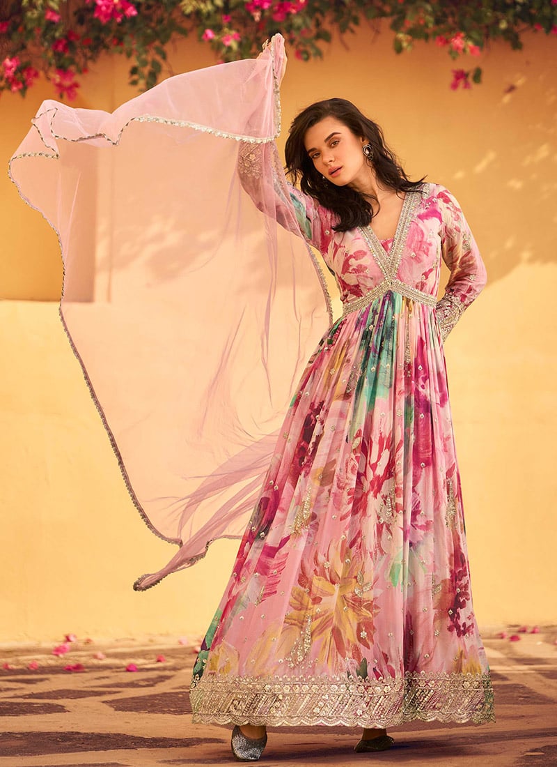 Pink Chinon Empire Waist Anarkali Suit With Zardosi Beads Embroidered Sequins Festive Wear
