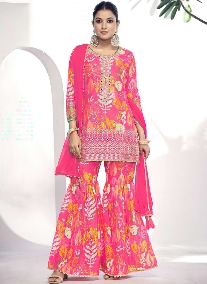 Pink Chinon Floral Print Embroidered Mirror Work Dressy Sharara Suit Party Wear