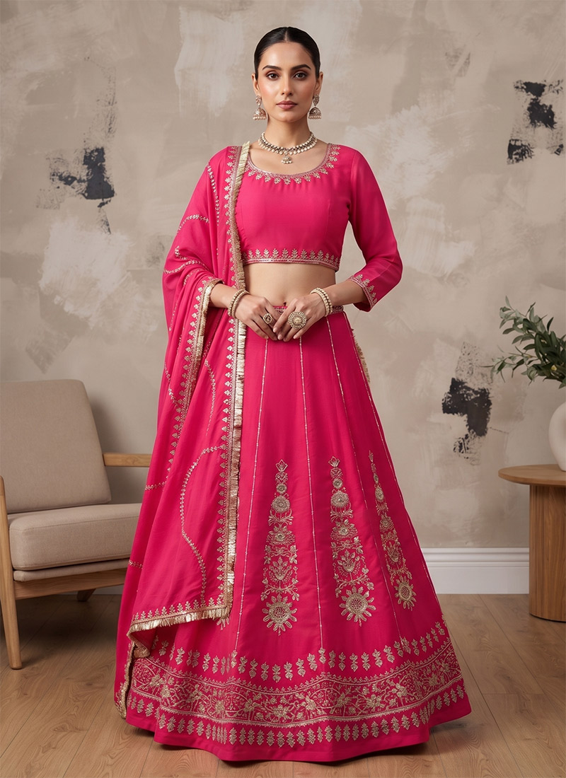 Pink Chinon Golden Thread Embroidered Sequins Lehenga Wedding Wear