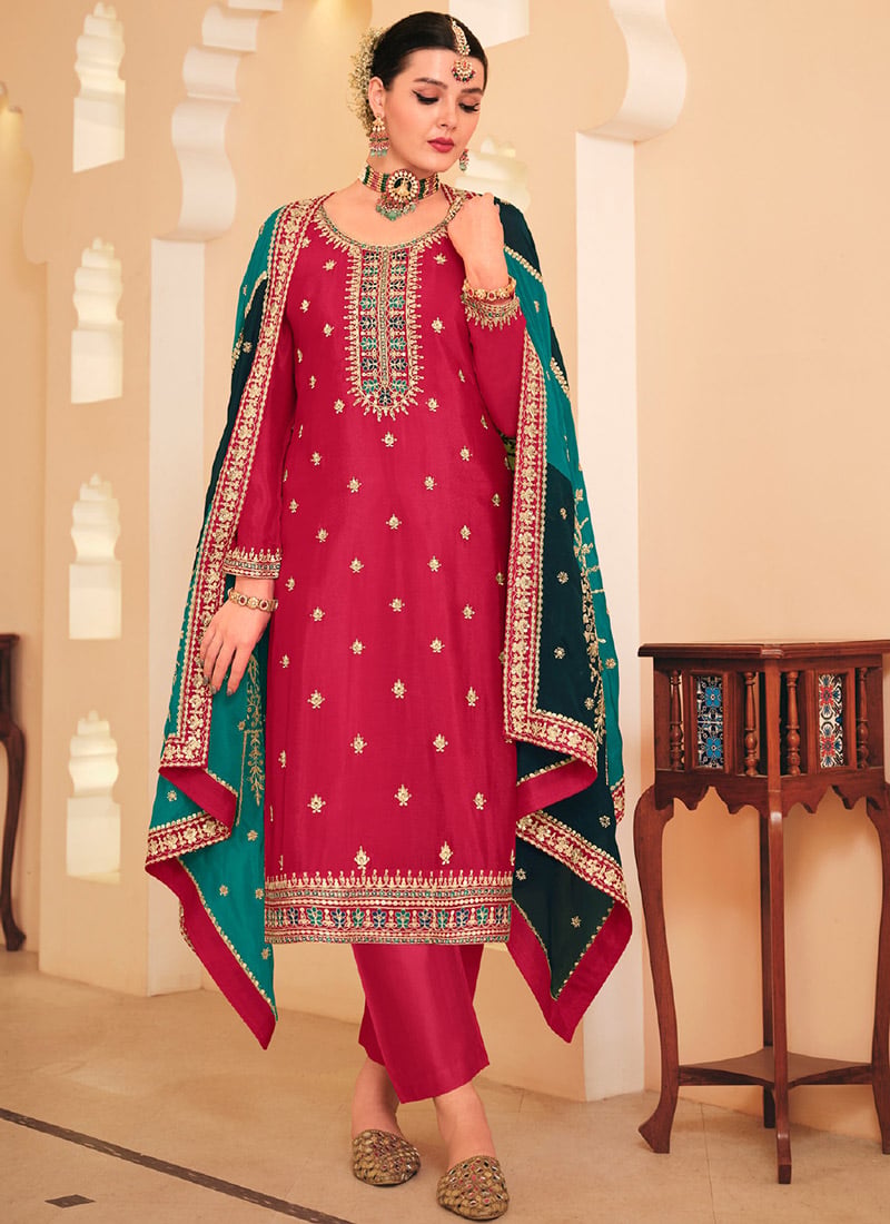 Pink Chinon Gota Patti Embroidered Straight Pant Suit Party Wear