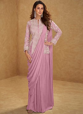 Pink Chinon Hand Embroidered Sequins With Mirror Work Indowestern Predraped Saree