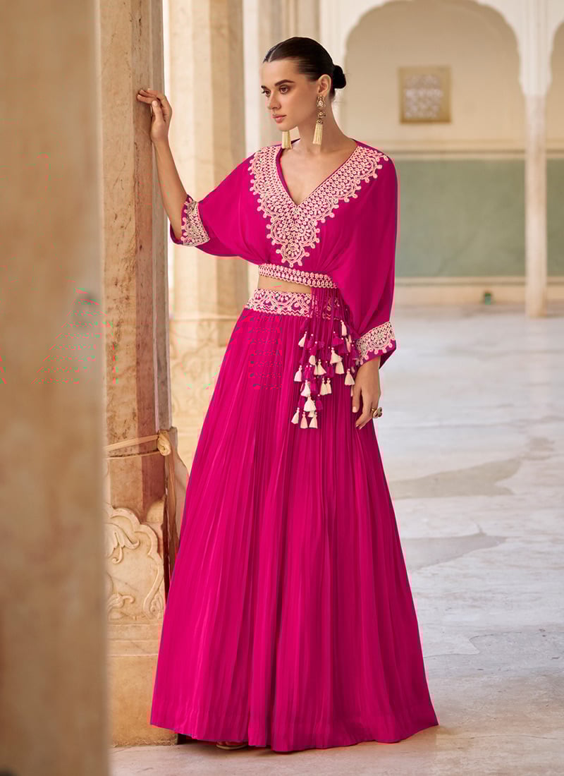 Pink Chinon Hand Embroidered With Beads Work Indowestern Skirt Set Wedding Wear