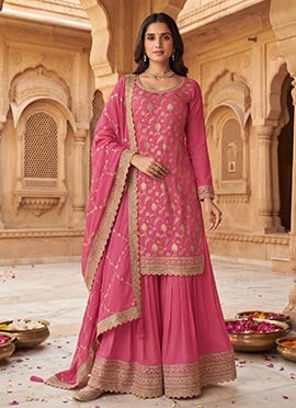 Pink Chinon Jacquard Embroidered Palazzo Suit